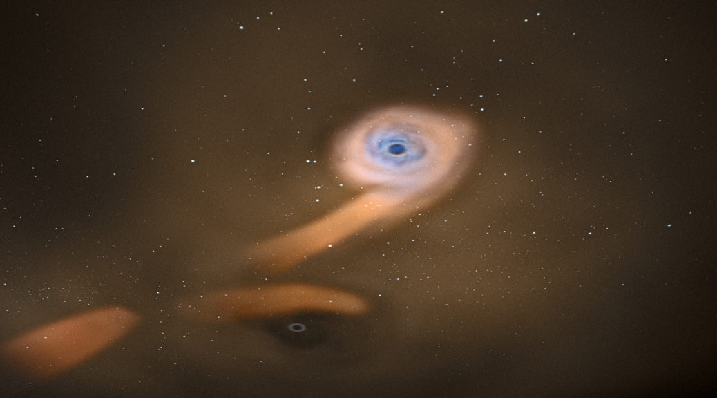 Artist's impression of a binary supermassive black hole system - A pair of supermassive black holes in orbit around one another have been spotted by XMM-Newton. This is the first time such a pair have been seen in an ordinary galaxy. They were discovered because they ripped apart a star when the space observatory happened to be looking in their direction.